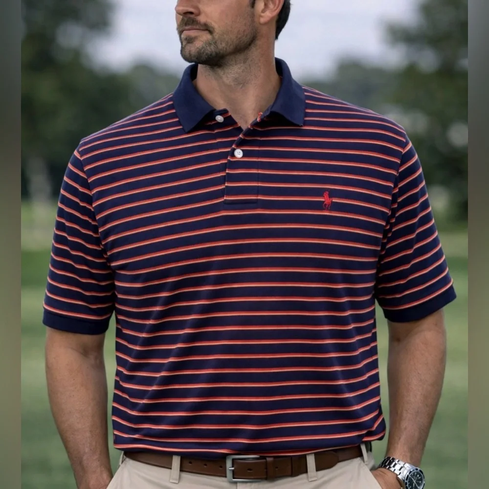 Polo by Ralph Lauren Blue s/s Polo with Red and Yellow Stripes Men's XL